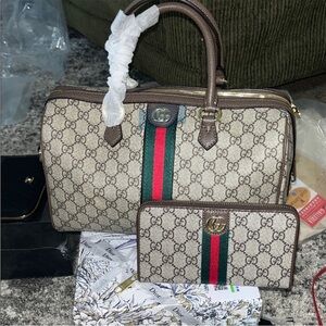 Cute fashion Beige and Brown Satchel with Green and Red Accents